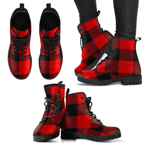 Red and Black Buffalo Check Plaid Women's Leather Boots