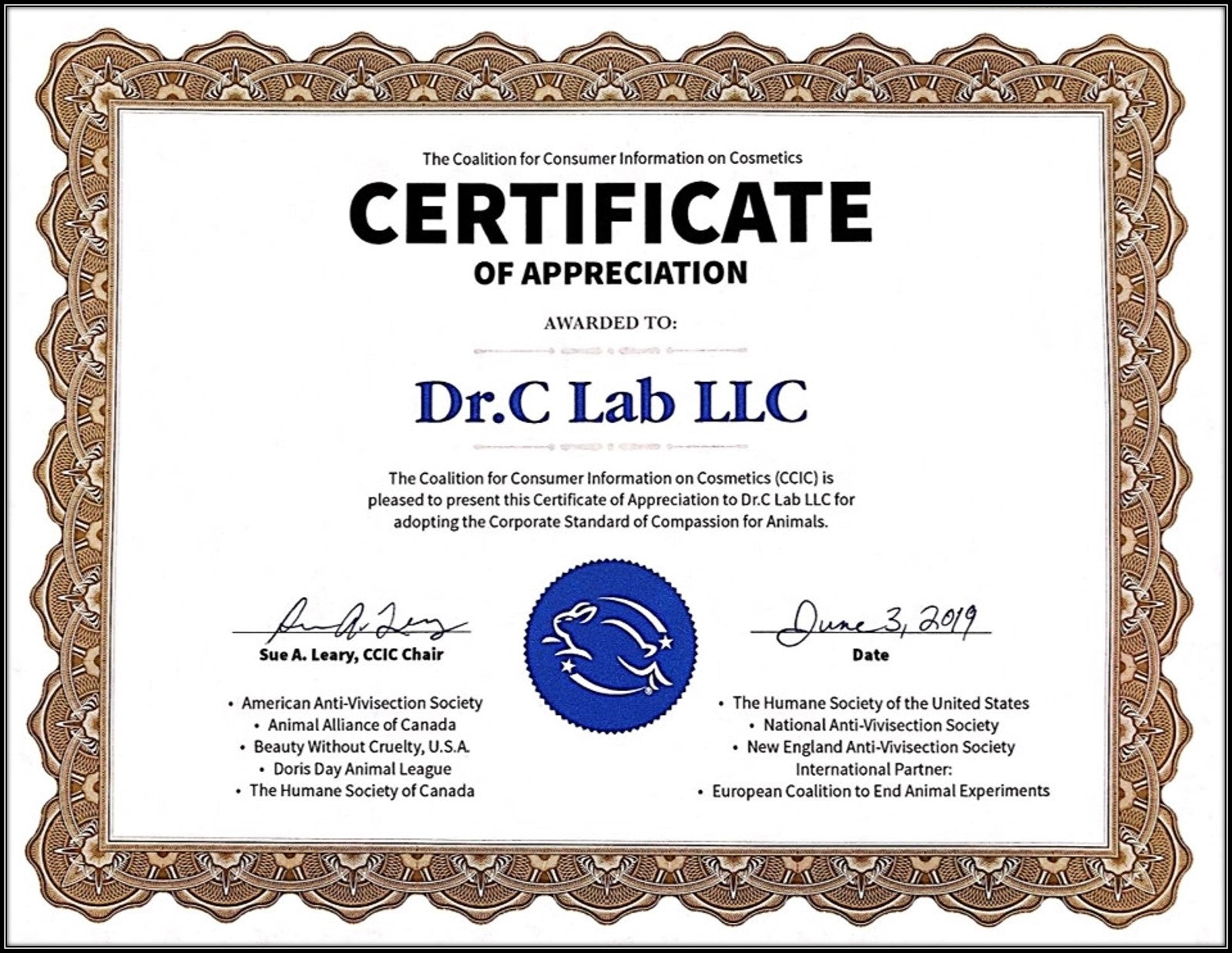 Dr.C Lab Leaping Bunny Certificate