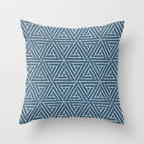 Linen White & Blue Aztec Tribal Triangle Pattern Pairs To 2020 Color of the Year Chinese Porcelain Throw Pillow