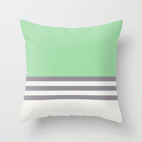 Pastel Green, Gray & Linen White Straight Stripes Pattern - 2020 Color of the Year Neo Mint Throw Pillow
