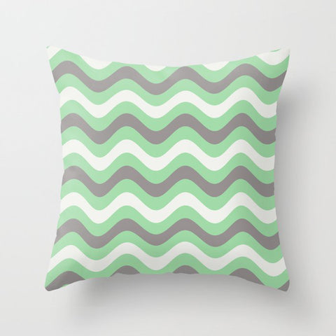 Pastel Green, Gray & Linen White Stripes Wavy Stripes Pairs to 2020 Color of the Year Neo Mint Throw Pillow
