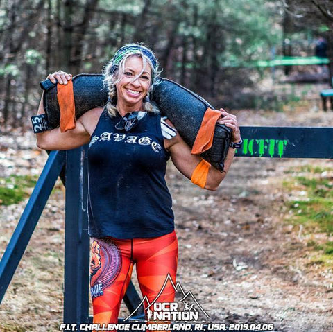 Kristine wearing fight2thrive leggings on obstacle course race OCR