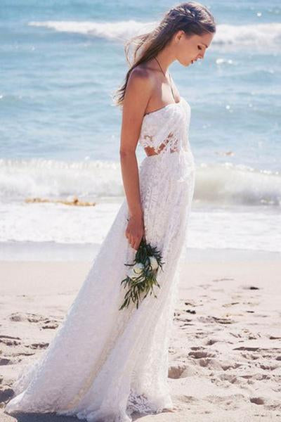 Simple Strapless Lace Long White Beach Wedding Dresses Pfw0200