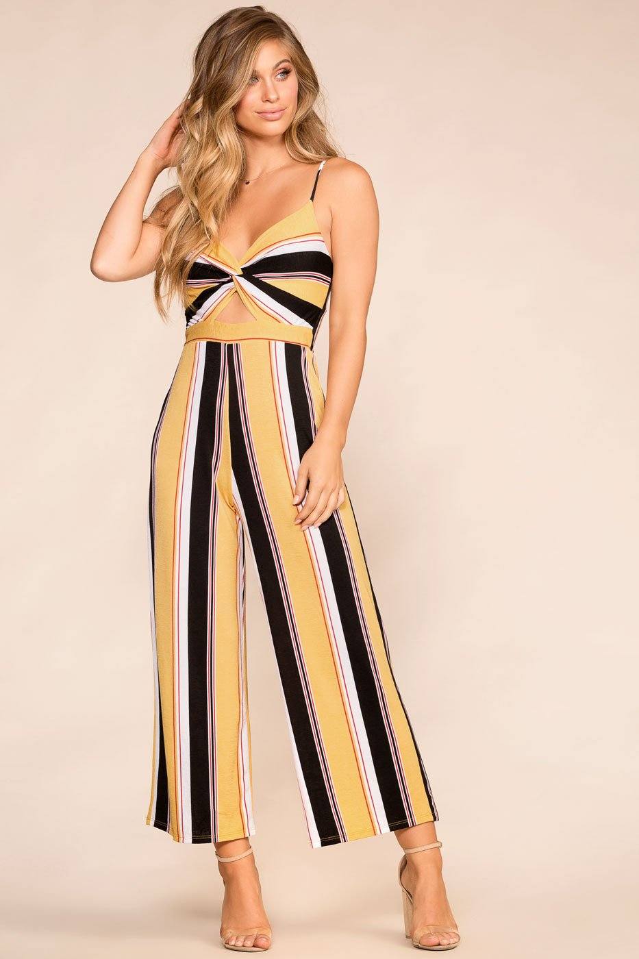 yellow jumpsuit with black stripe