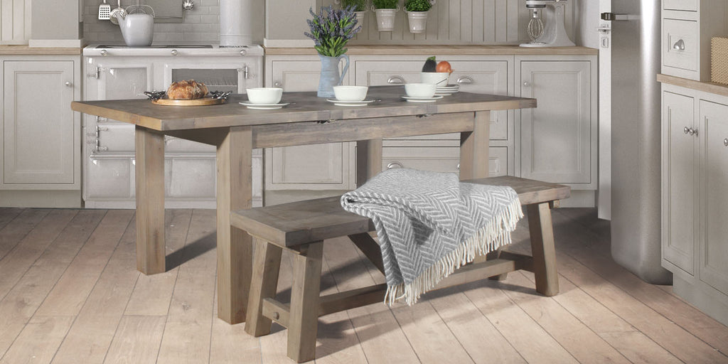 Farringdon Reclaimed Wood Dining Table and Bench in Kitchen