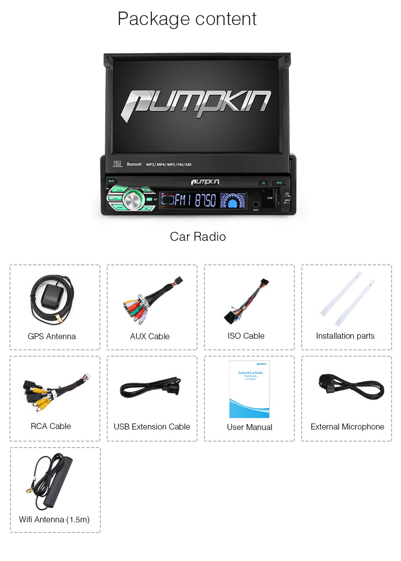 Pumpkin Single 1 Din Android 8.1 Car Radio/Stereo Octa Core 7 Inch Touchscreen with GPS Navigation Bluetooth RAM: 2GB + ROM: 32GB
