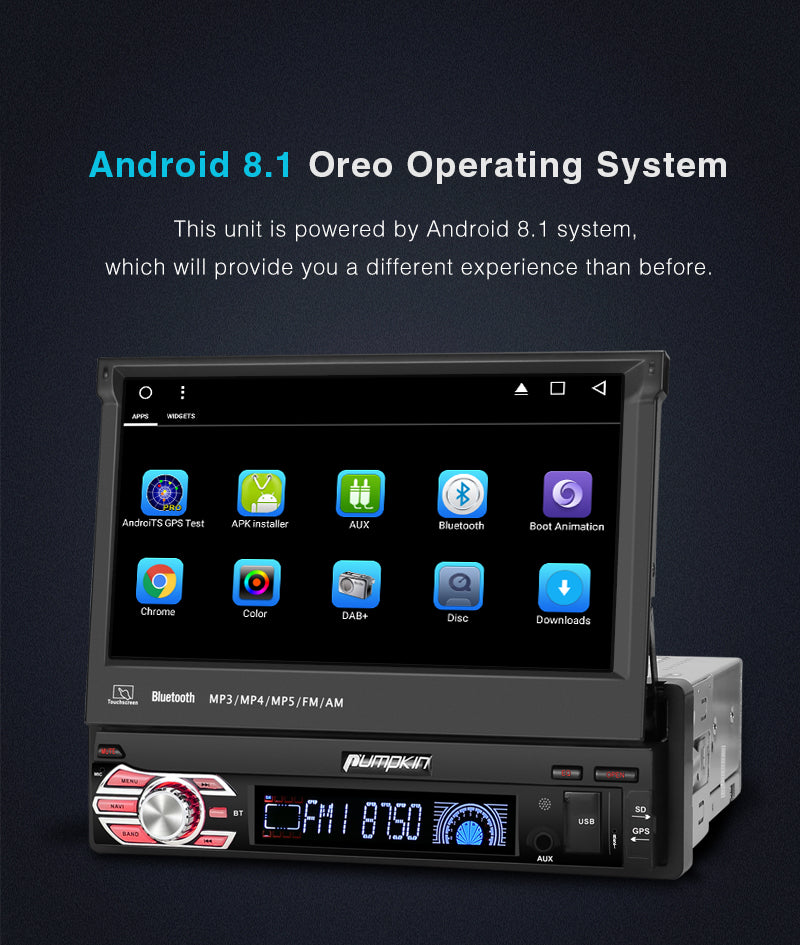 Pumpkin Single 1 Din Android 8.1 Car Radio/Stereo Octa Core 7 Inch Touchscreen with GPS Navigation Bluetooth RAM: 2GB + ROM: 32GB