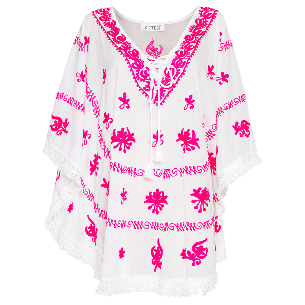 Mykonos Embroidered Kaftan in White / Hot Pink – Kitten Beachwear