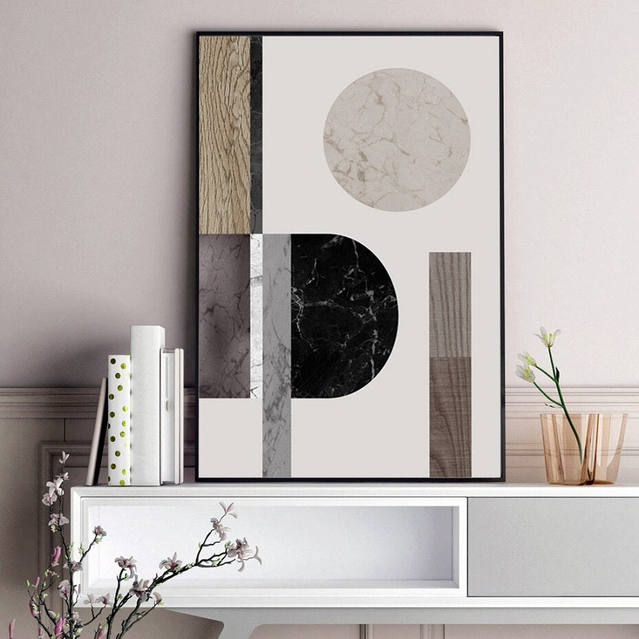Modern Abstract Geometric Nordic Wall Art Marble And Wood Style Contemporary Scandinavian Design Home Decor Fine Art Canvas Prints