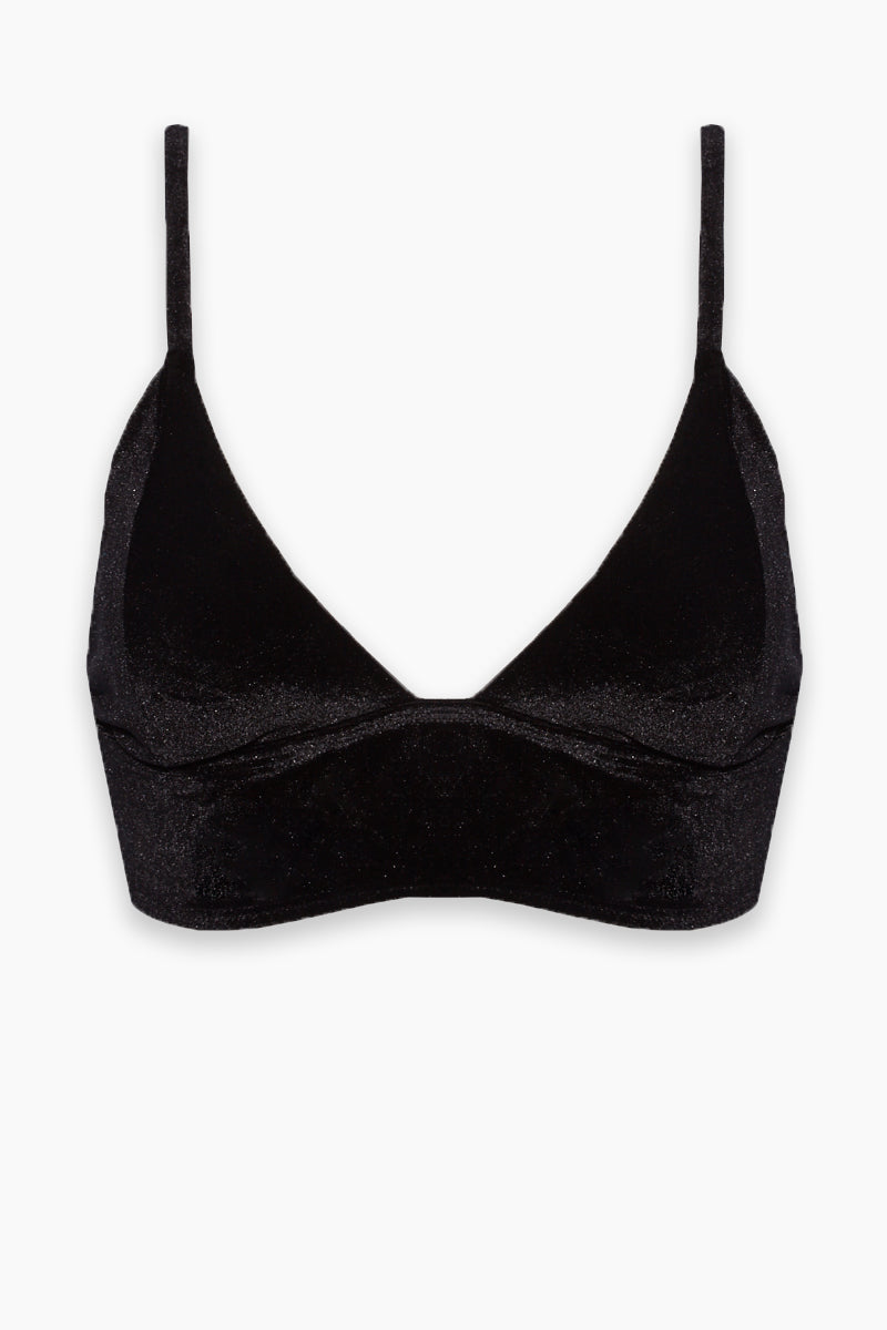 Crushed Velvet Lace Up Bikini Top - Black