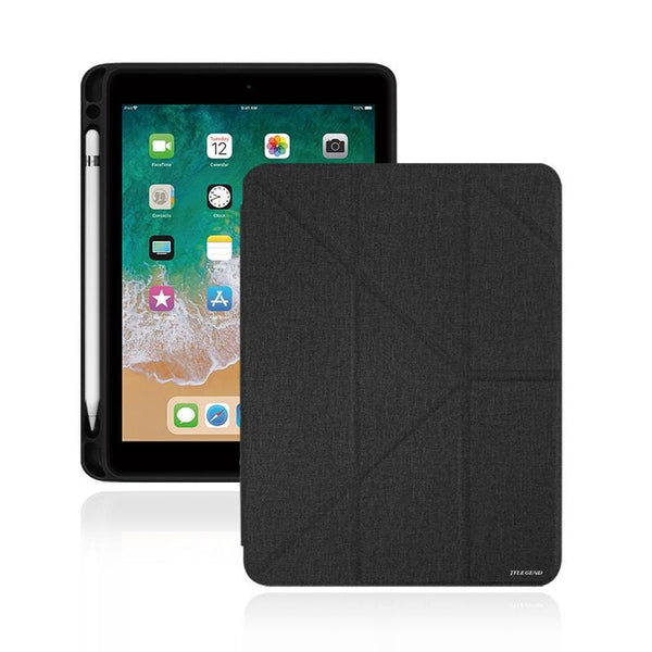 iPad 2018 Amos 9.7吋 相機快取多角度折疊布紋皮套(含Apple pencil槽) - 石墨黑