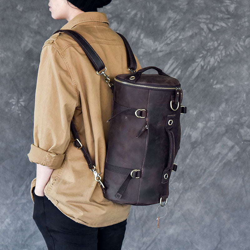 Cool Leather Mens Barrel Shoulder Bags  Backpack Travel Bag 