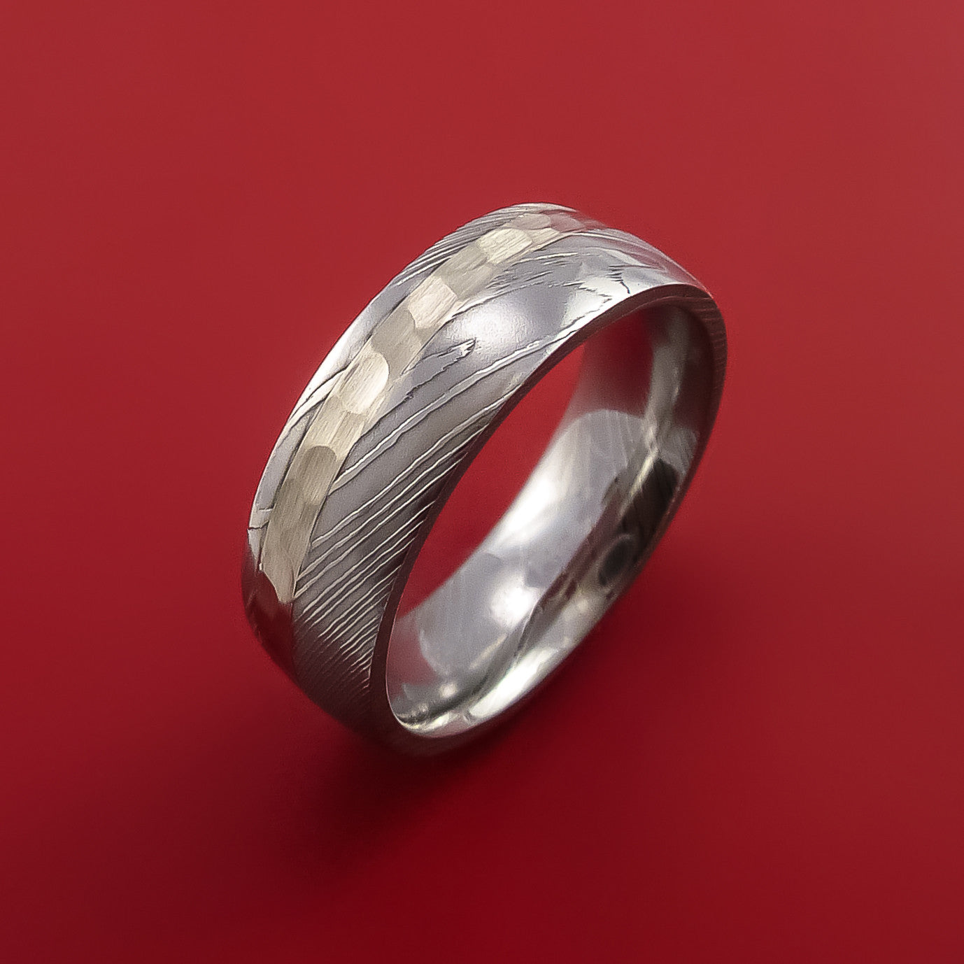 Damascus Steel Ring with 14K White Gold Inlay Custom Made