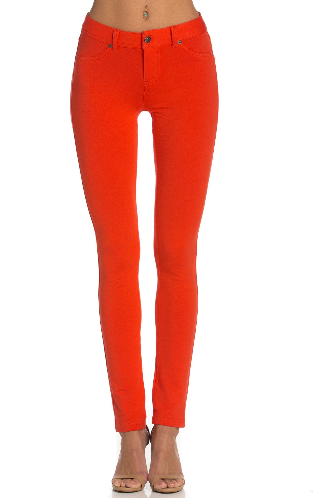 Poplooks Women's Casual Mid Rise Stretch Skinny Knit Jegging Pants (Orange)