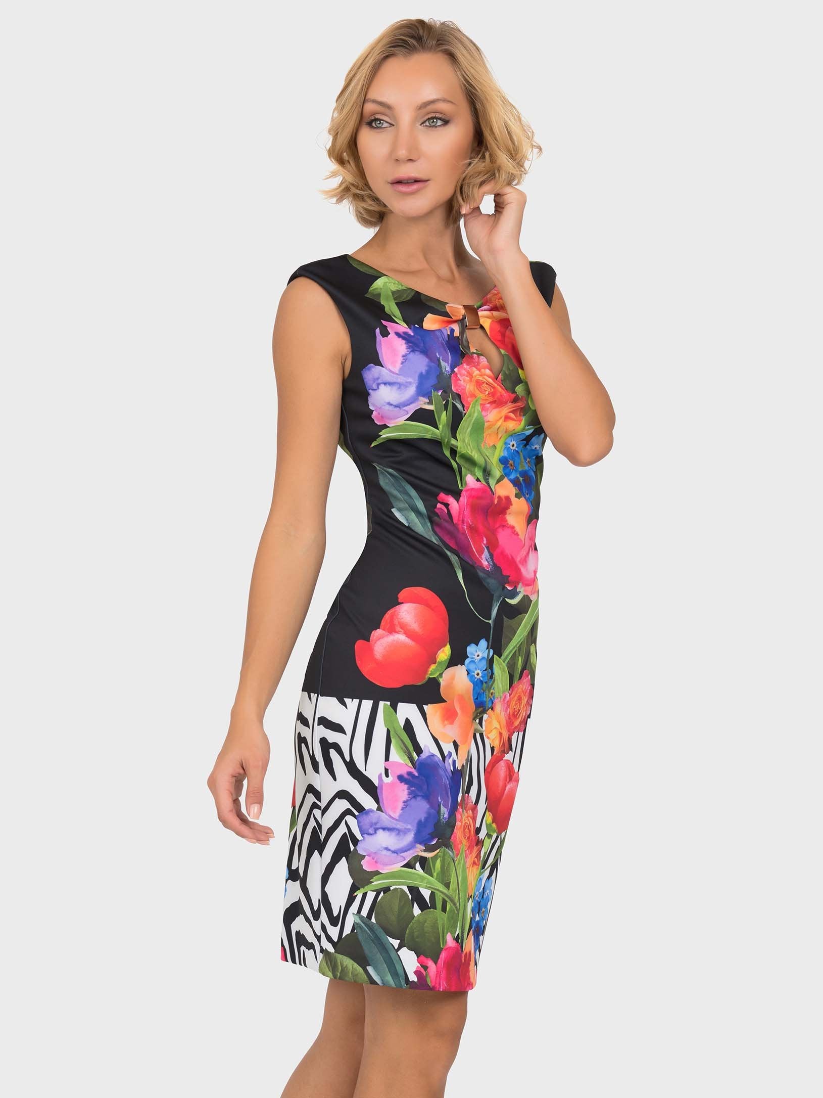 Joseph Ribkoff Bright Flower & Zebra Border Print Shift Dress