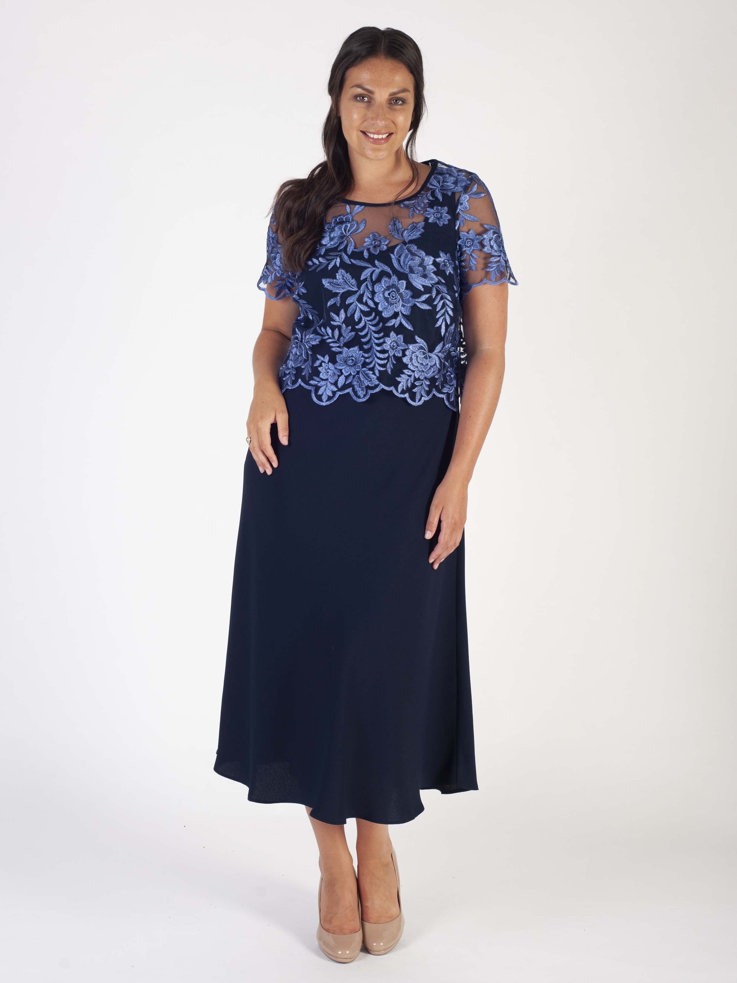 Iris/Navy Scallop Emb Mesh Bodice & Crepe Dress