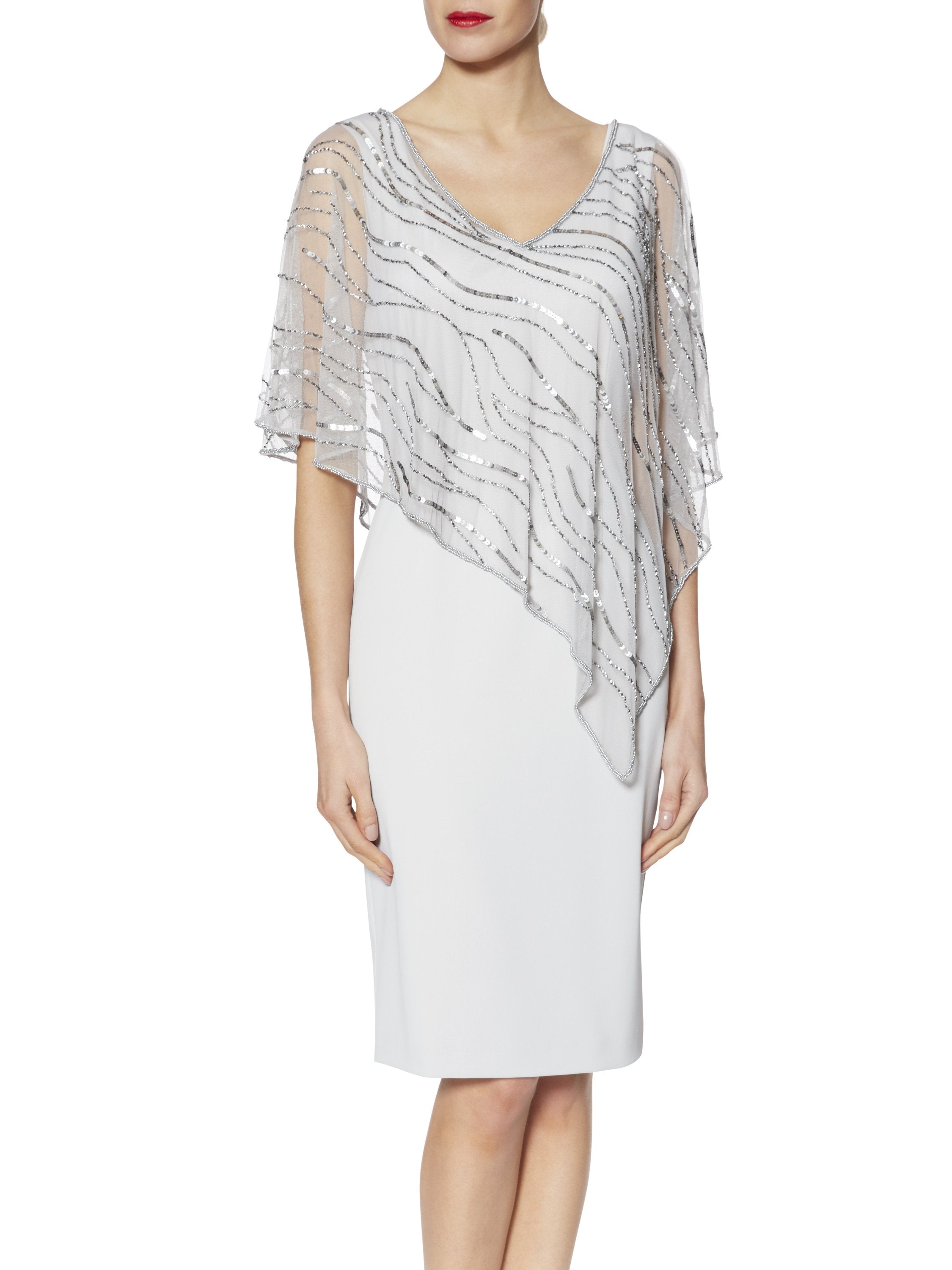 Gina Bacconi Silver Joanna Assymetric Beaded Cape Dress