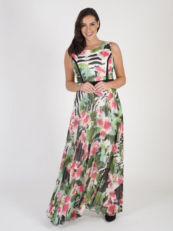 Multi/Pink Tropical Printed Pleat Maxi Dress