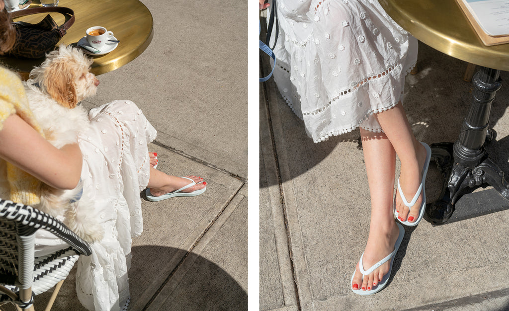 Make any outfit casual for the cafe with Tidal New York's white flip flops.