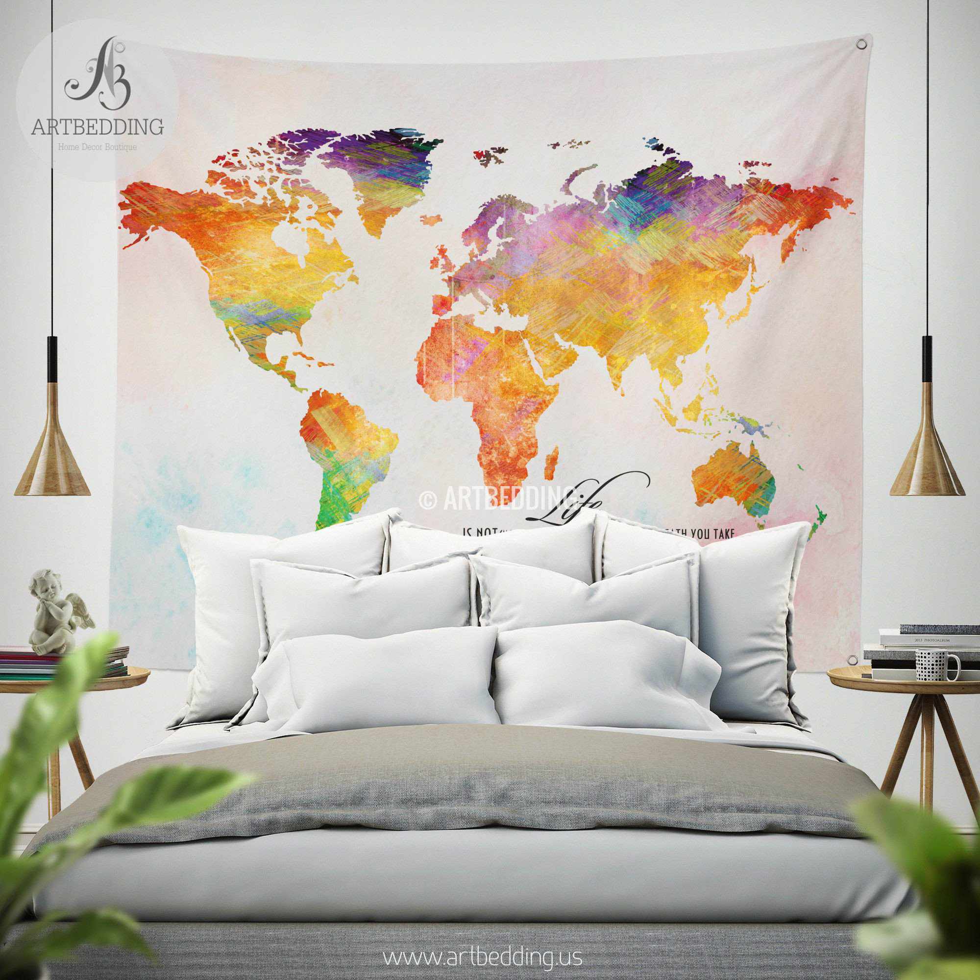 Boho world map tapestry, Watercolor life quote wall ...