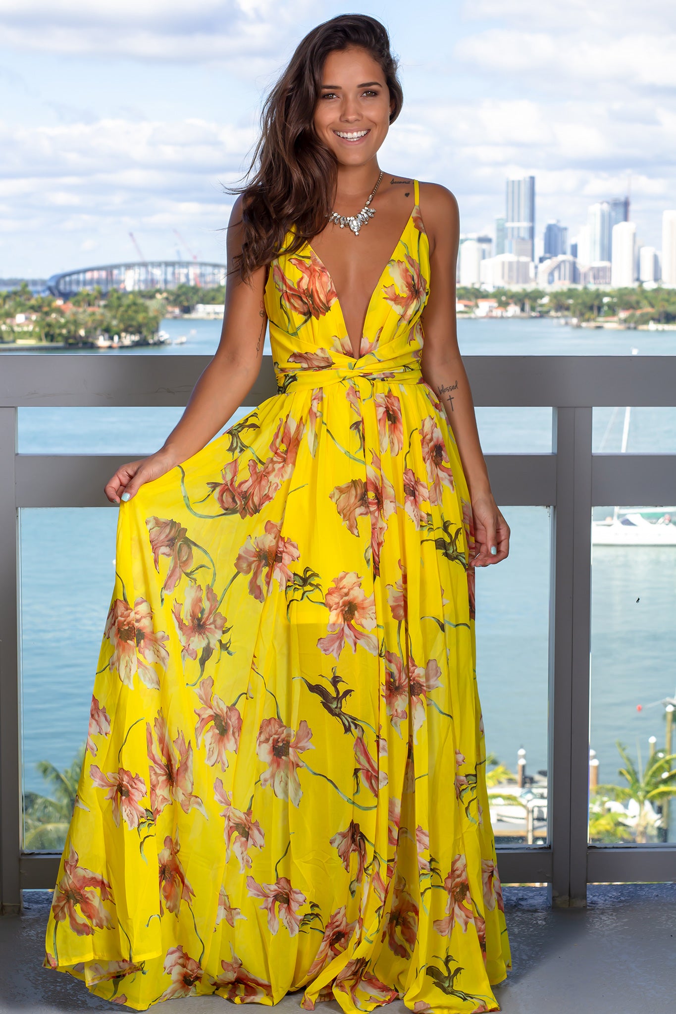 Yellow Floral Maxi Dress With Twist Front Maxi Dresses Saved By The Dress 