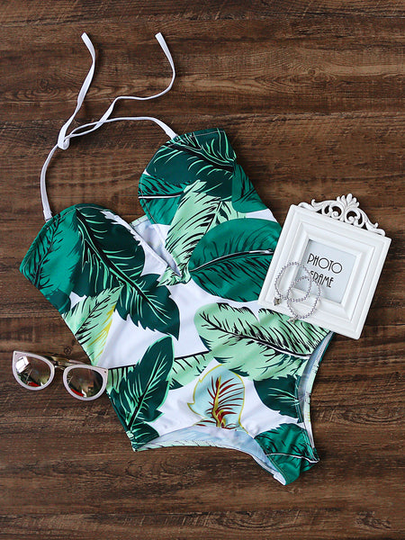 Green Halter Plunge Neck Leaf Print One-Piece Swimwear – Crystalline