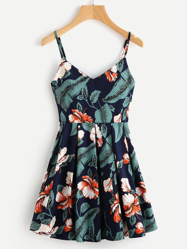 Multicolor Leaf Floral Print V-Neck Pleated Cami Dress – Crystalline