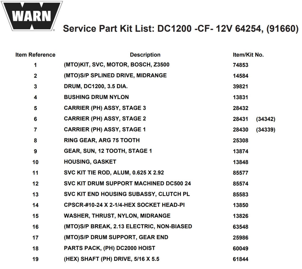 WARN DC1200-CF parts list