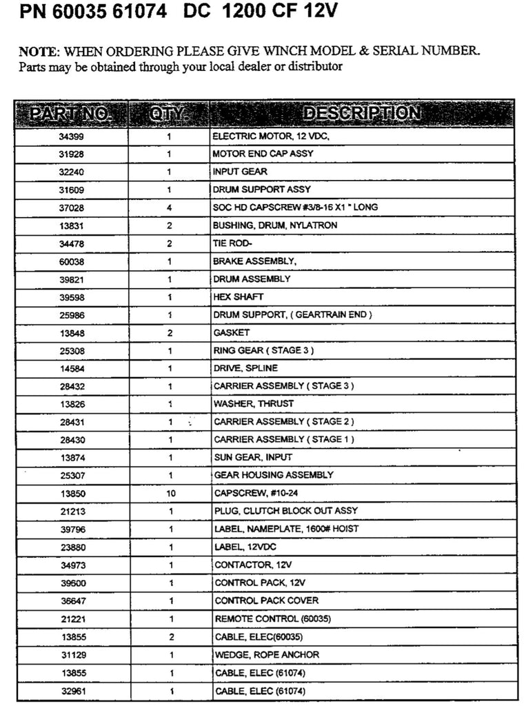 WARN DC1200 parts list old