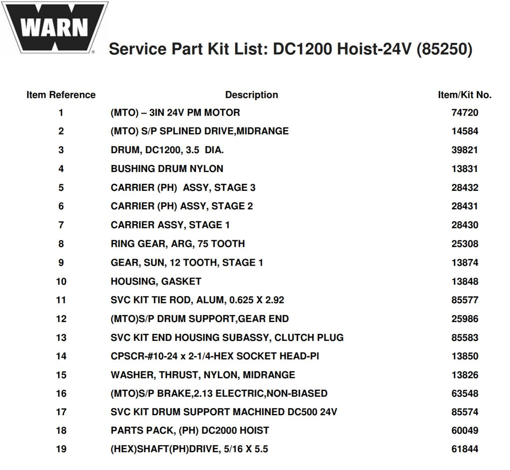 WARN DC1200 24v parts list