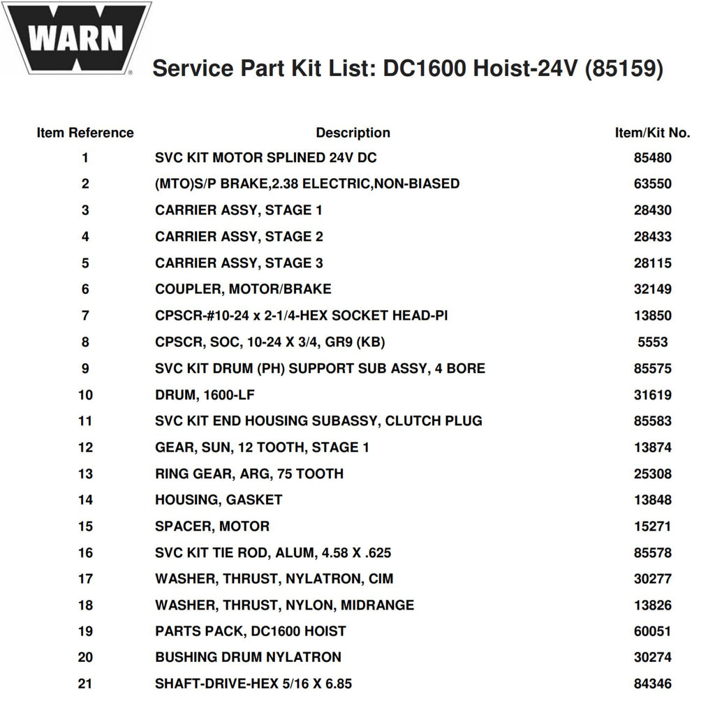 WARN DC1600 parts list