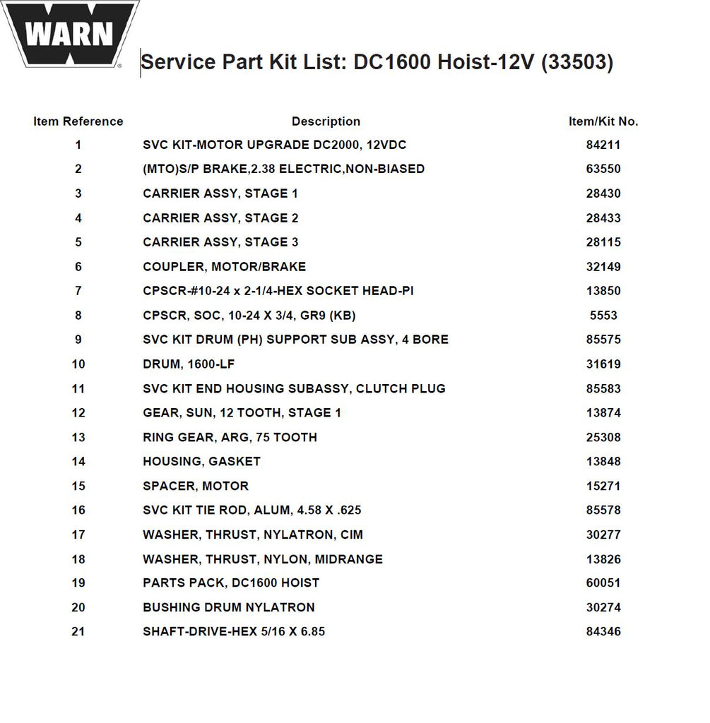 WARN DC1600 Parts list