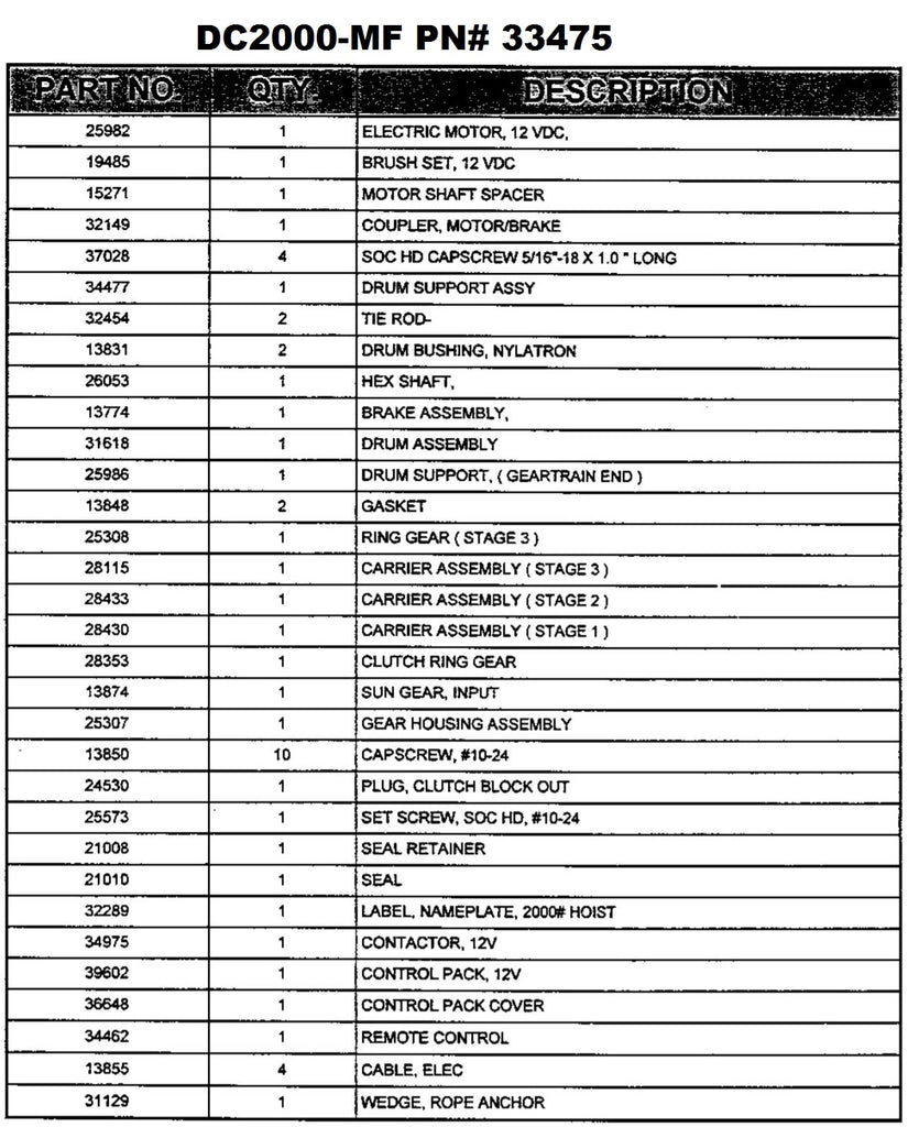 WARN DC2000MF Parts list old