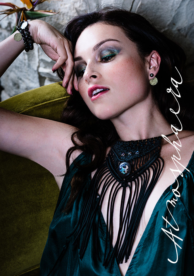 vlmjewelry.com | Atmosphaera Collection | Handmade Jewelry | Abalone Macrame Necklace | Tahitian Pearl Earrings