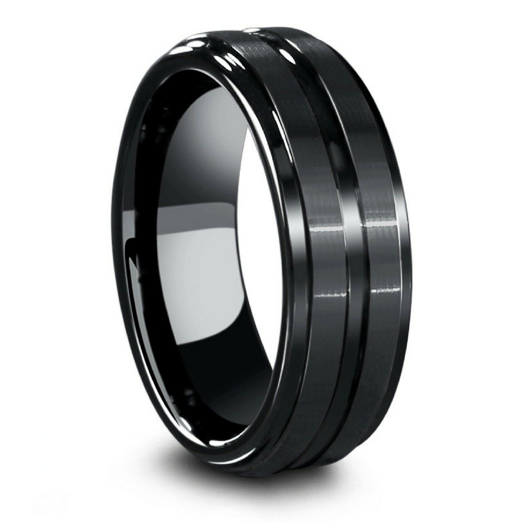 Mens Black Ceramic Ring With Carved Groove and Step Down