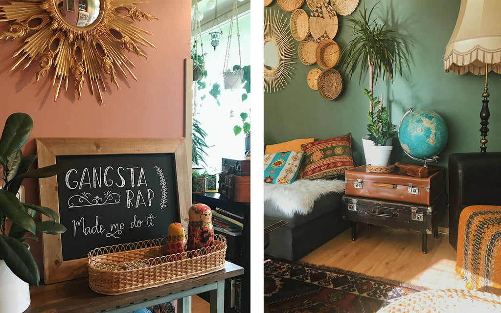 Eclectic boho apartment. Rattan, vintage suitcases and handmade sign | House Tour on The Inkabilly Blog