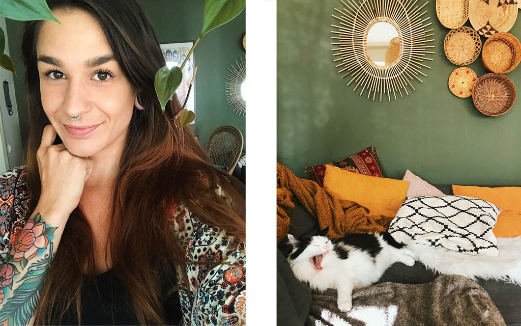 Eclectic boho apartment. Melanie and her big fluffy cat | House Tour on The Inkabilly Blog