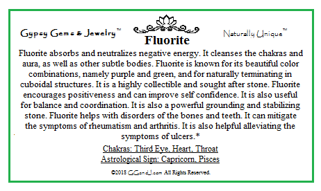 Fluorite info card on GGandJ.com Gypsy Gems & Jewelry Naturally Unique
