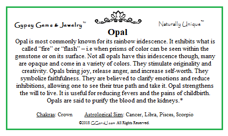 Opal info card on GGandJ.com  Gypsy Gems & Jewelry Naturally Unique