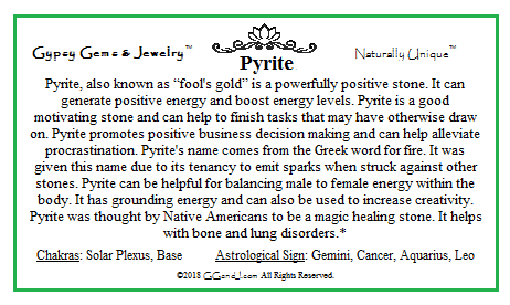 Pyrite Info Card on GGandJ.com Gypsy Gems & Jewelry