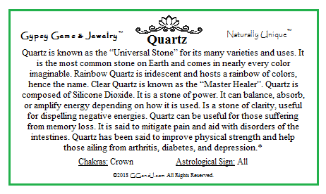 Quartz fact card on GGandJ.com Gypsy Gems & Jewelry Naturally Unique Metaphysical healing powers of quartz