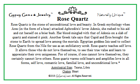 Rose Quartz info Card on GGandJ.com Gypsy Gems & Jewelry Naturally Unique