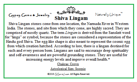 Shiva Lingam Info card on GGandJ.com Gypsy Gems & Jewelry Naturally Unique
