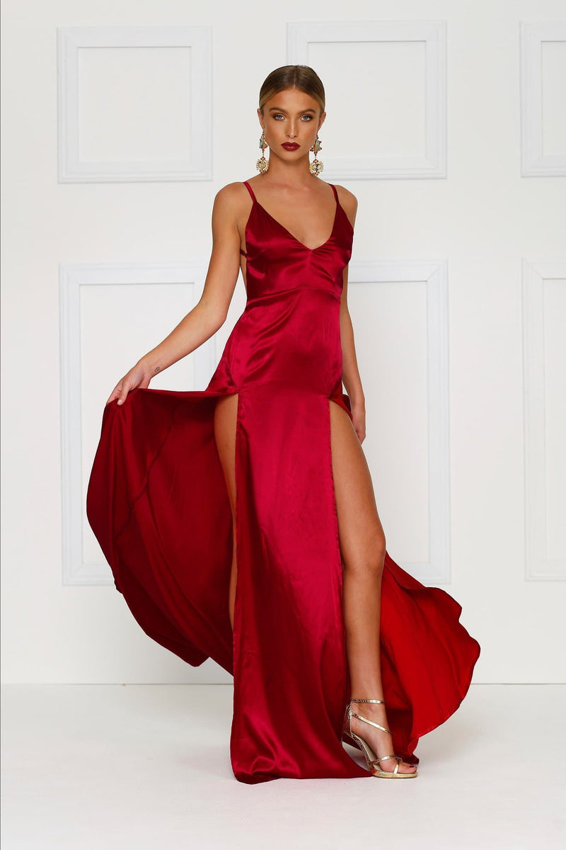Alexis - Wine Red Satin Gown with V Neckline & Thigh High Slits