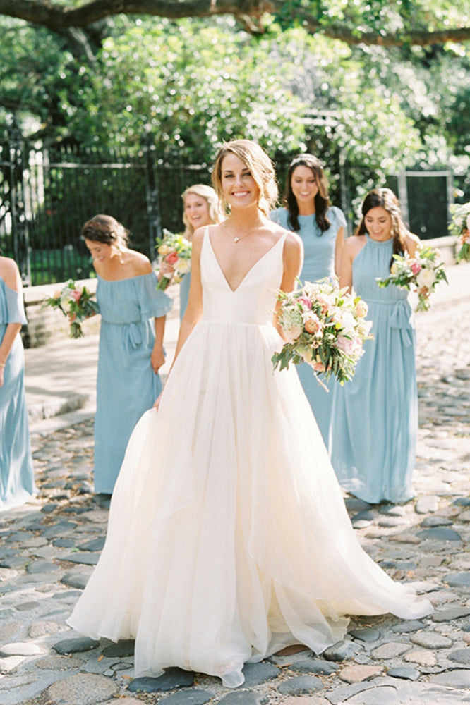 Charming A Line V Neck Backless  Ivory Chiffon Pleats 