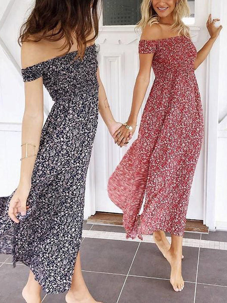 red off the shoulder maxi