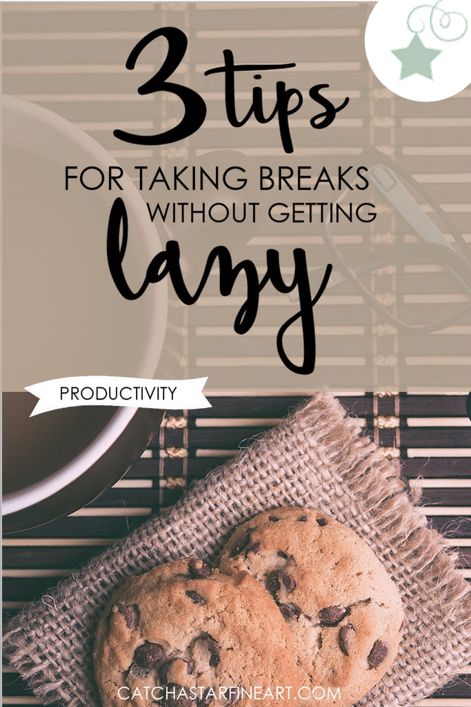 Work from home? Use these 3 productivity tips for taking breaks without getting lazy! Avoid the pitfalls of THE SNACK BREAK and keep your solopreneur motivation high with these quick ideas. Catch A Star Fine Art specializes in desk art decor for busy entrepreneurs! #solopreneur #workfromhome #productivity #entrepreneur #homeoffice