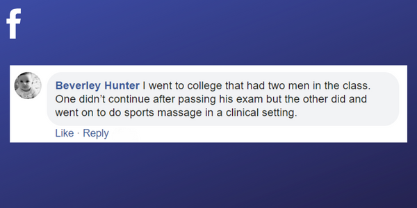 Facebook post from Beverley Hunter about male colleagues quitting due to the challenges of being a male massage therapist