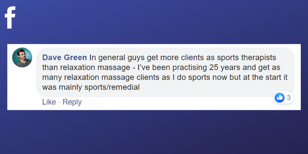 Facebook post from Dave Green about struggling to get clients for relaxation massage in the beginning of his career 