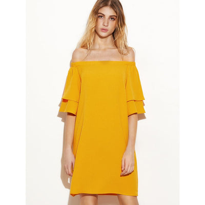 Sainaluv - Yellow Layered Bell Sleeve Off The Shoulder Dress